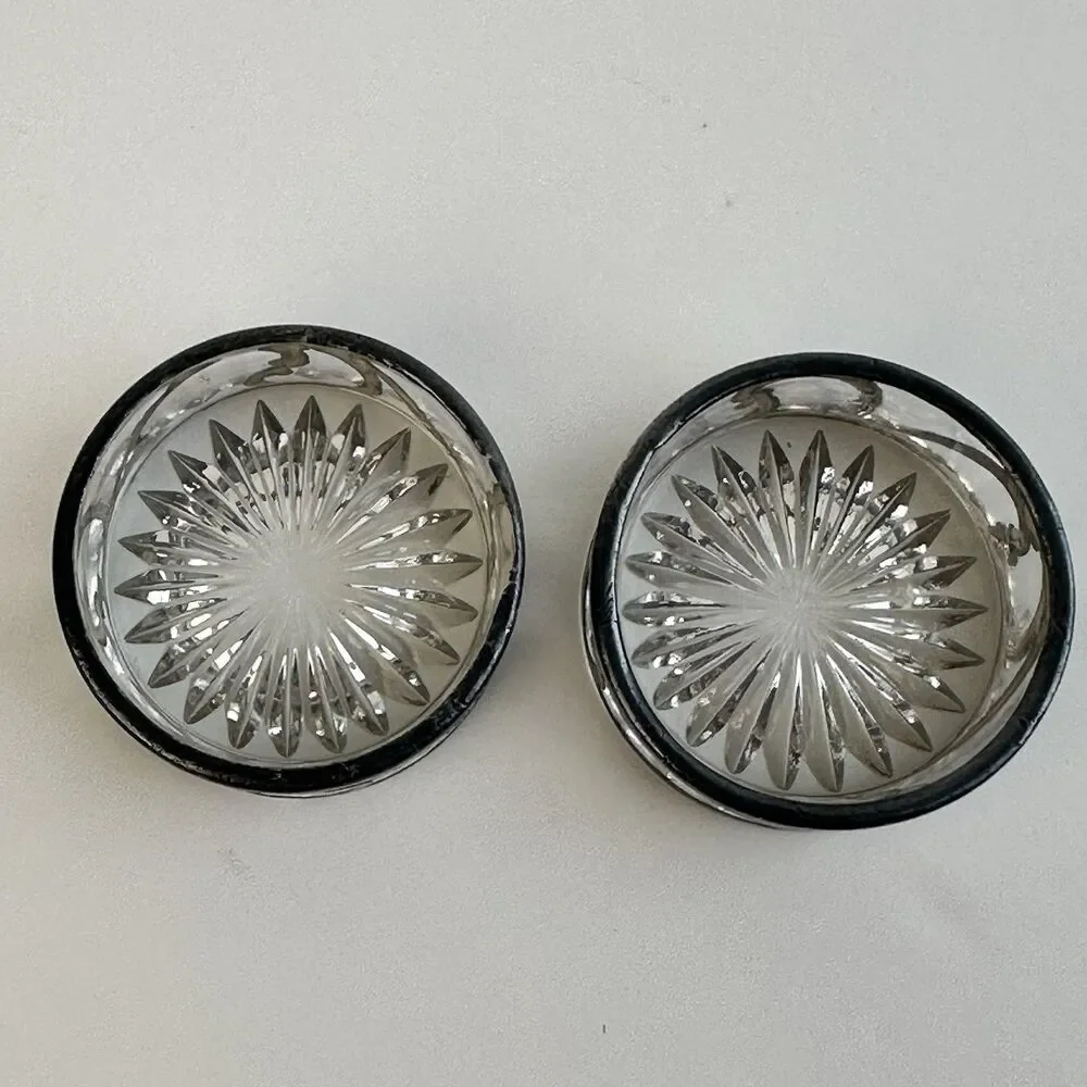 Antique Art Nouveau Sterling Silver Overlay Cut Glass Open Salt Cellars Set of 2
